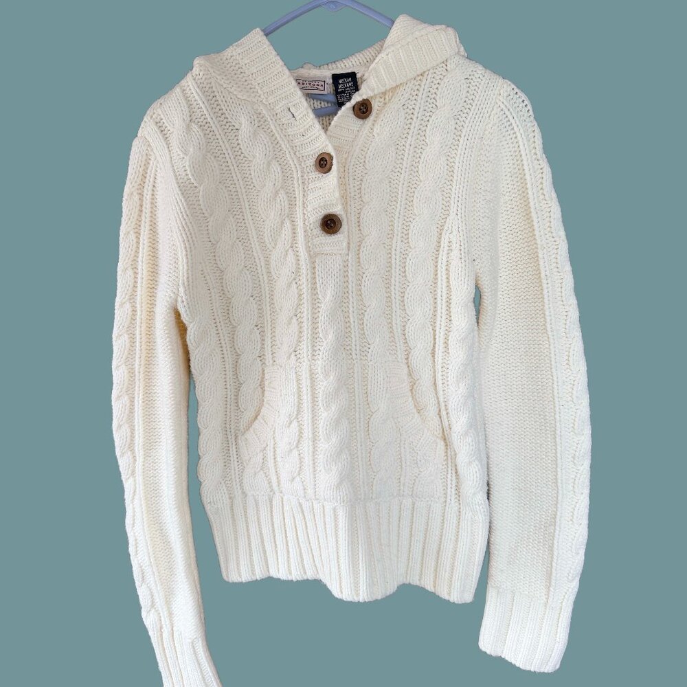 Arizona Cream Cable Knit Hooded Sweater Medium Button Neck Cottagecore Cozy